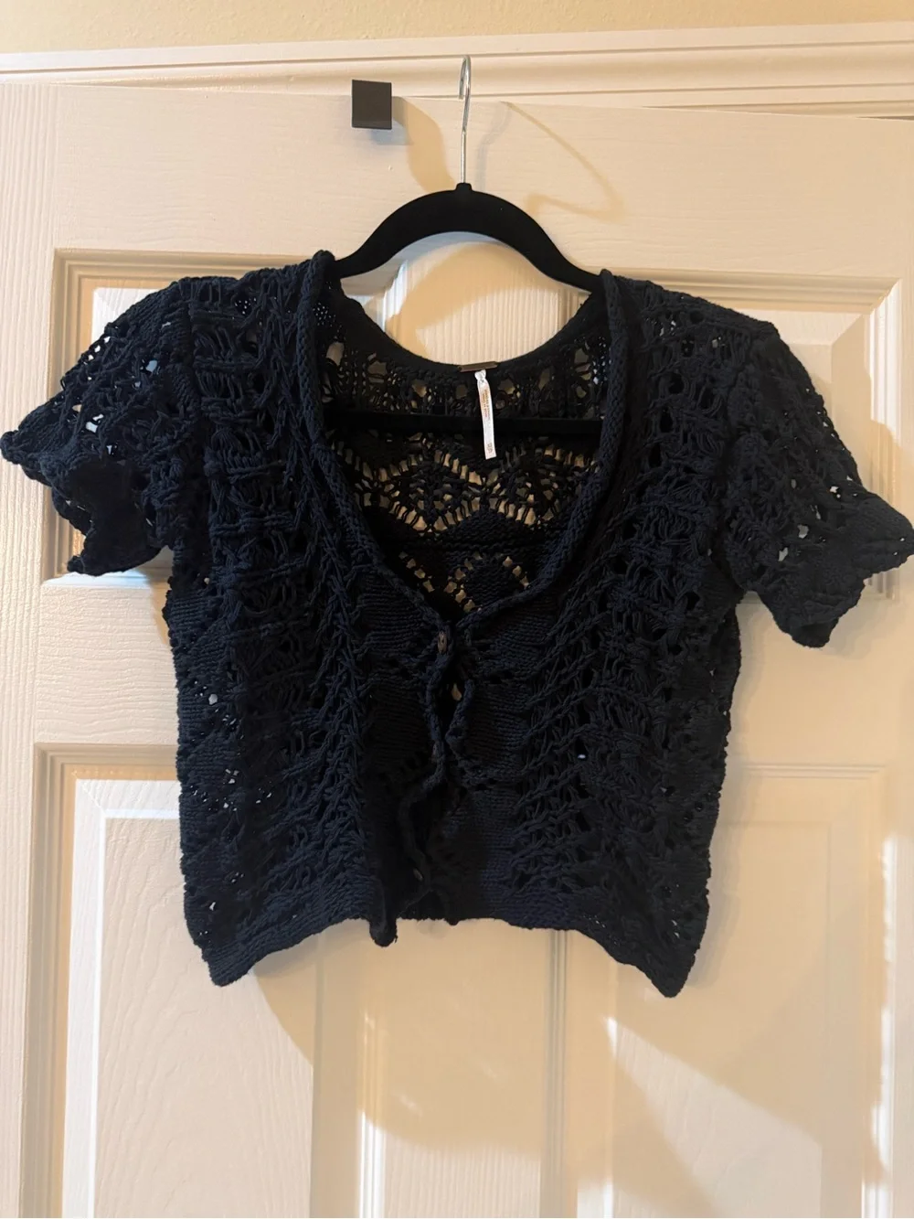 Free People Black Crocheted Short Sleeve Crop Cardigan